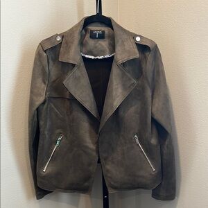 Tahari Olive green faux Leather Jacket with Notched Lapels